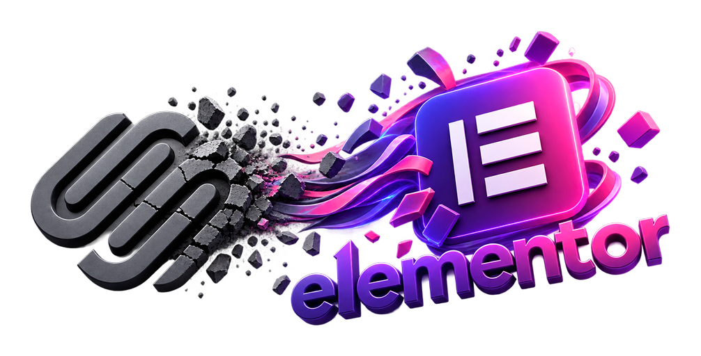 Squarespace to Elementor: the Squarespace logo breaking apart into the Elementor logo