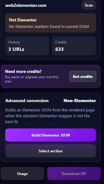 Web2Elementor extension non-Elementor conversion options