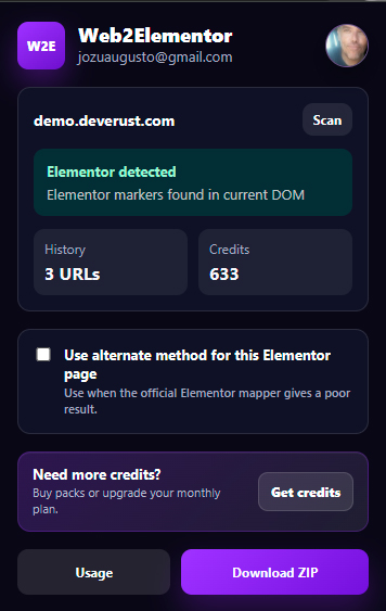 Web2Elementor extension detecting an Elementor page