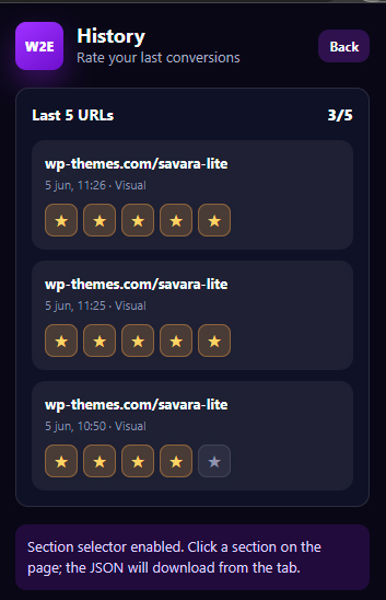 Web2Elementor extension history and conversion ratings