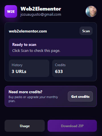 Web2Elementor Chrome extension ready to scan a page