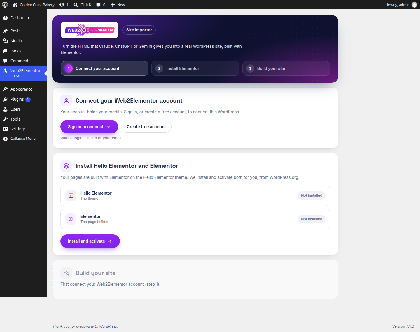 Web2Elementor Site Importer in WordPress: the Connect your Web2Elementor account card, with Sign in to connect and Create free account