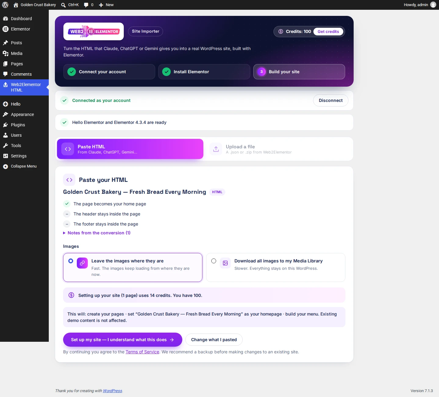 The summary before paying: the page becomes the home page, the images option and "Setting up your site (1 page) uses 14 credits"
