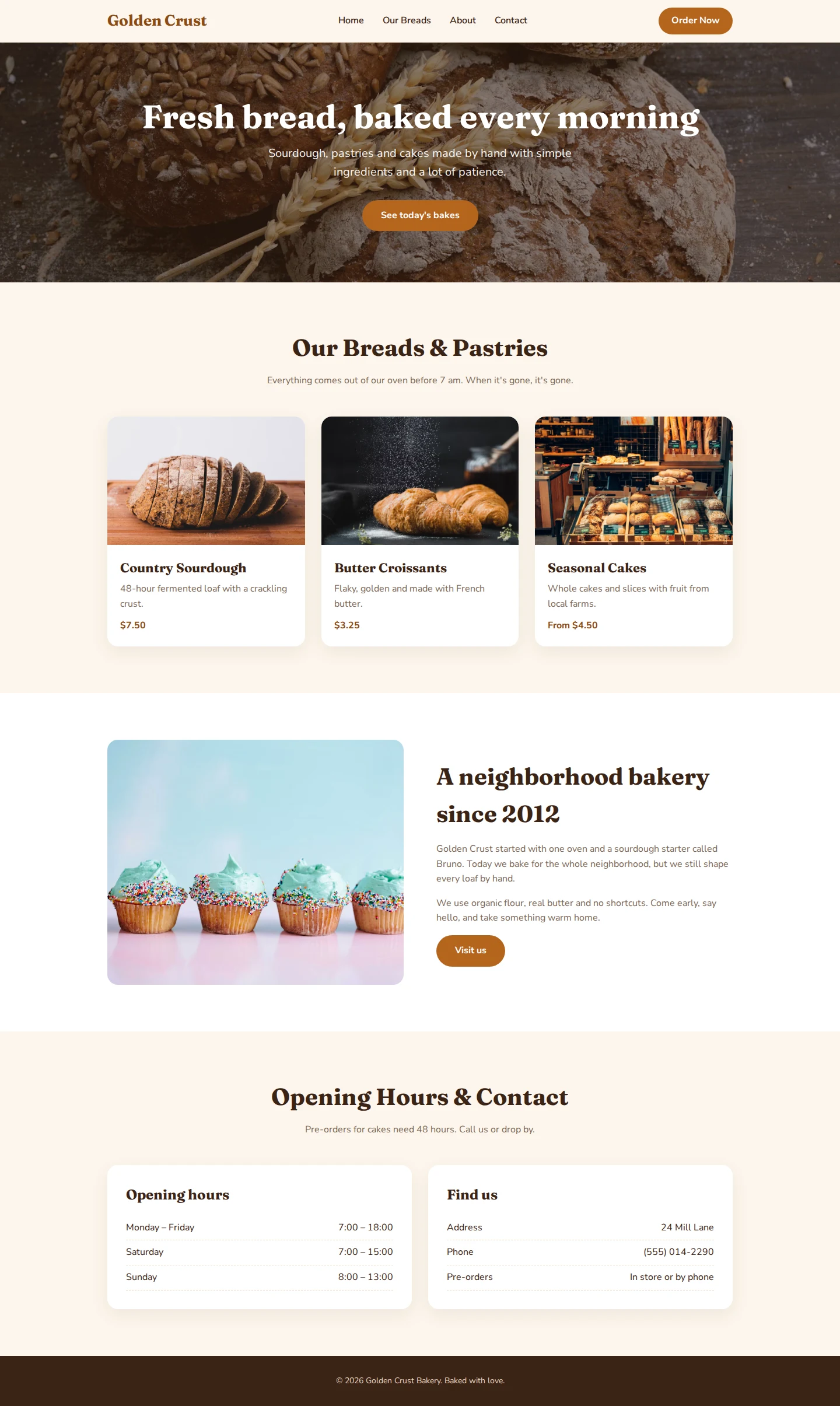 The Golden Crust Bakery page from Claude imported into WordPress, on a desktop screen