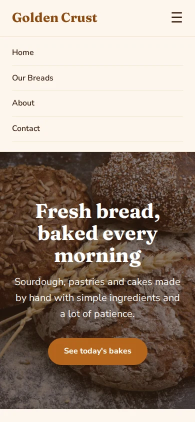 The bakery page on a phone with its ☰ menu open