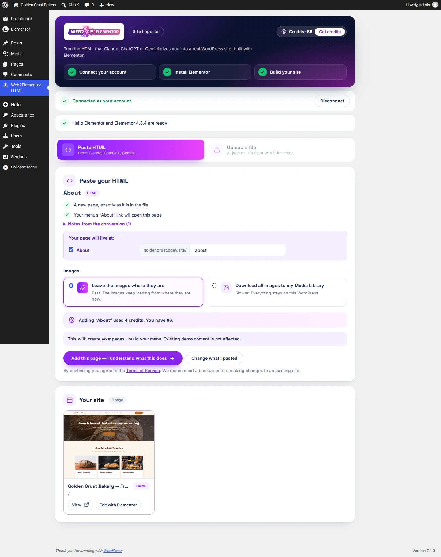Adding the About page: its address, "Your menu's About link will open this page" and the price of 4 credits