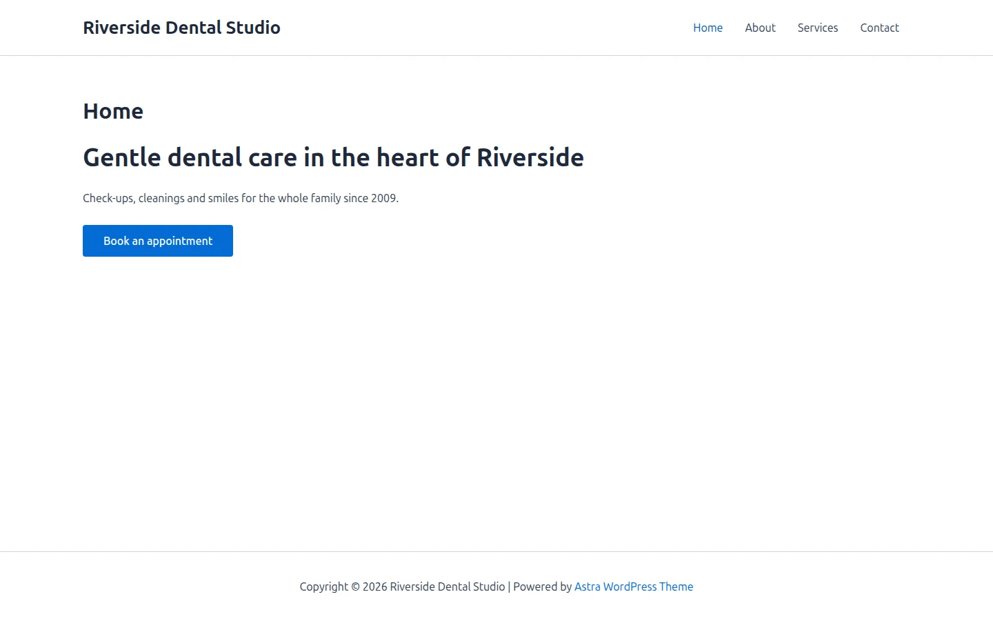 The dental clinic site before the import: its Astra home page and menu