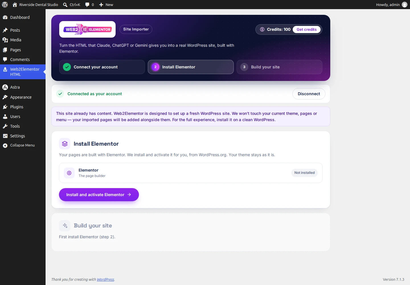 The plugin on a site with content: the notice that your theme, pages and menu won't be touched, and Install Elementor