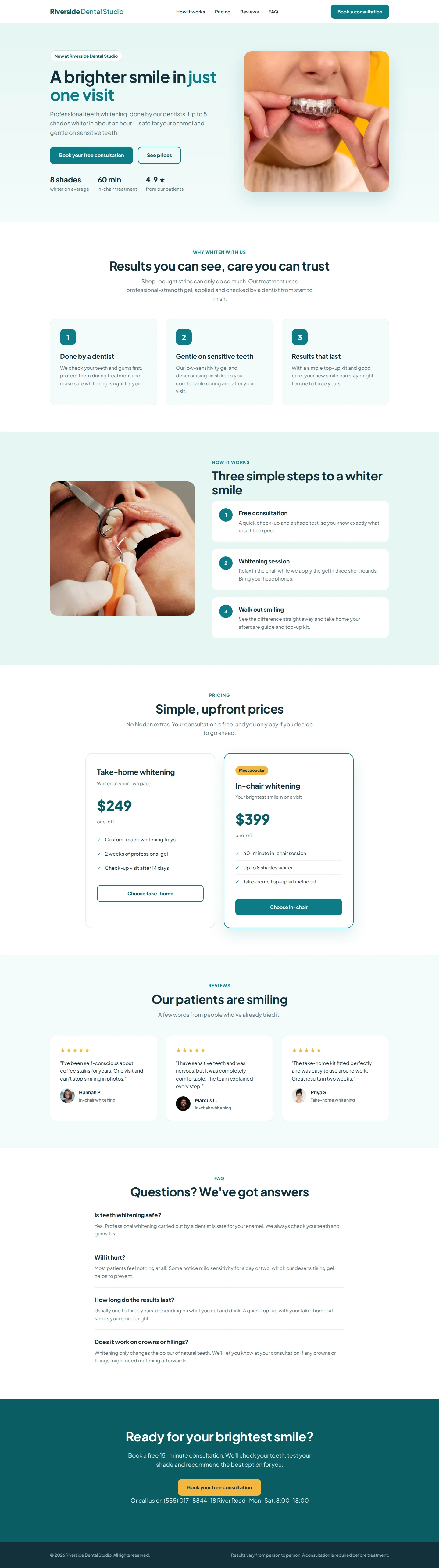 The teeth whitening landing page from Claude imported into WordPress at /teeth-whitening/, on a desktop screen