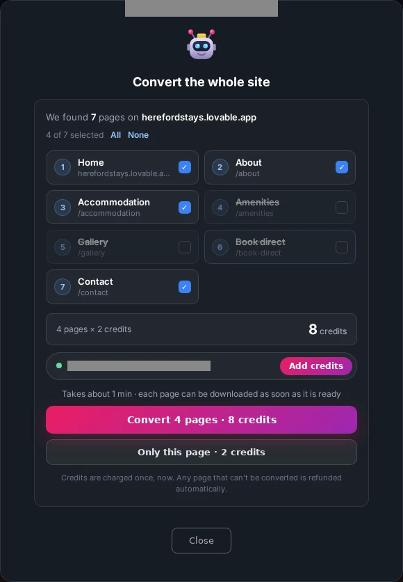 Convert the whole site on web2elementor.com: 7 pages found, 4 selected, 4 pages × 2 credits = 8 credits