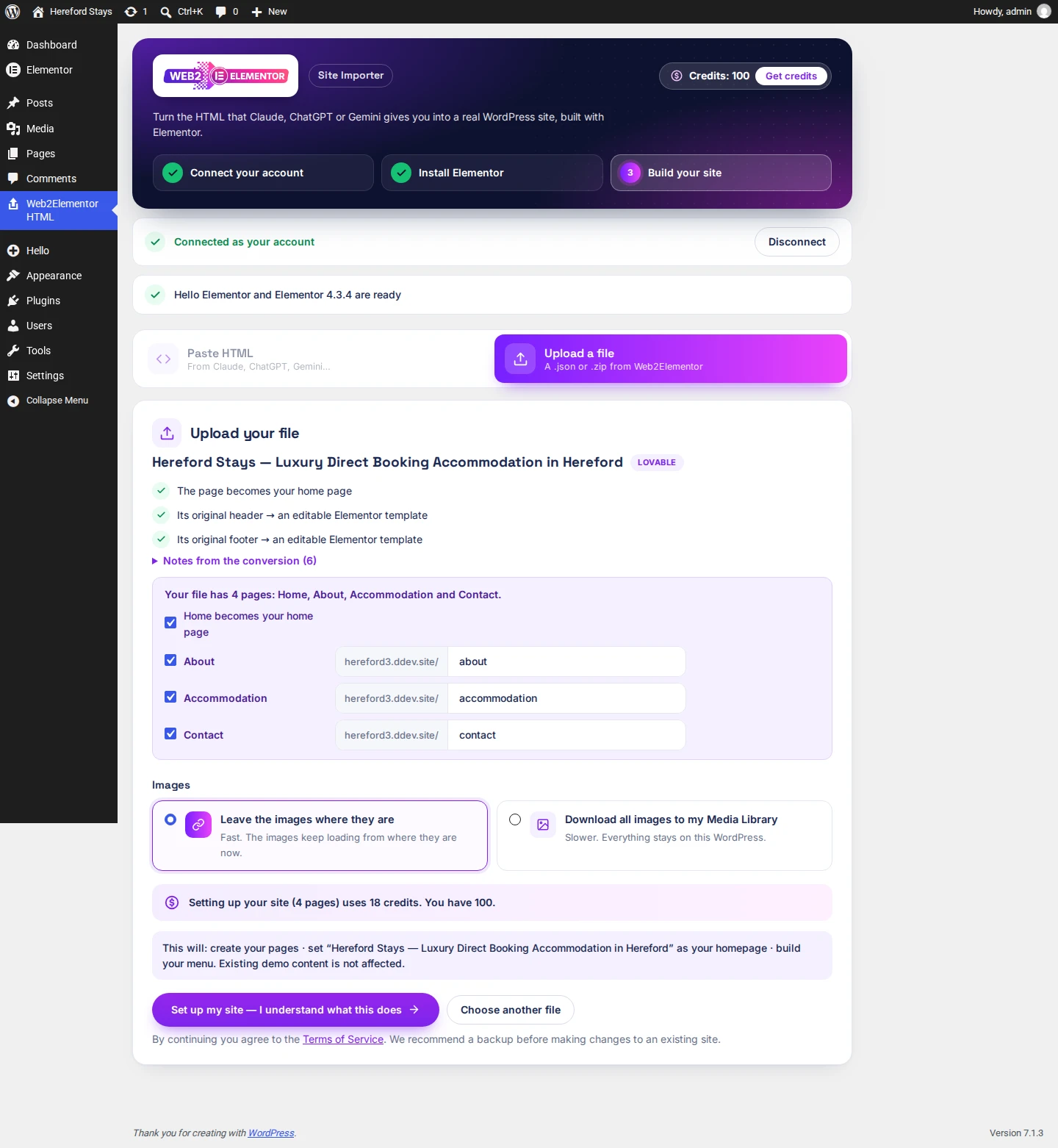 The plugin listing the 4 pages of the Lovable ZIP with their addresses and checkboxes, and the price of 18 credits