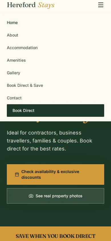 The imported Lovable site on a phone with its ☰ menu open