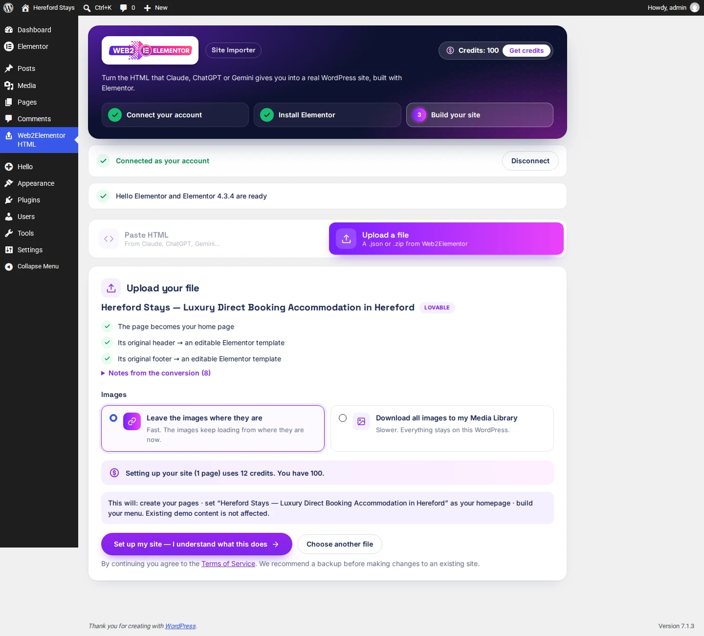 Setting up only the home page from a ZIP: "Setting up your site (1 page) uses 12 credits"