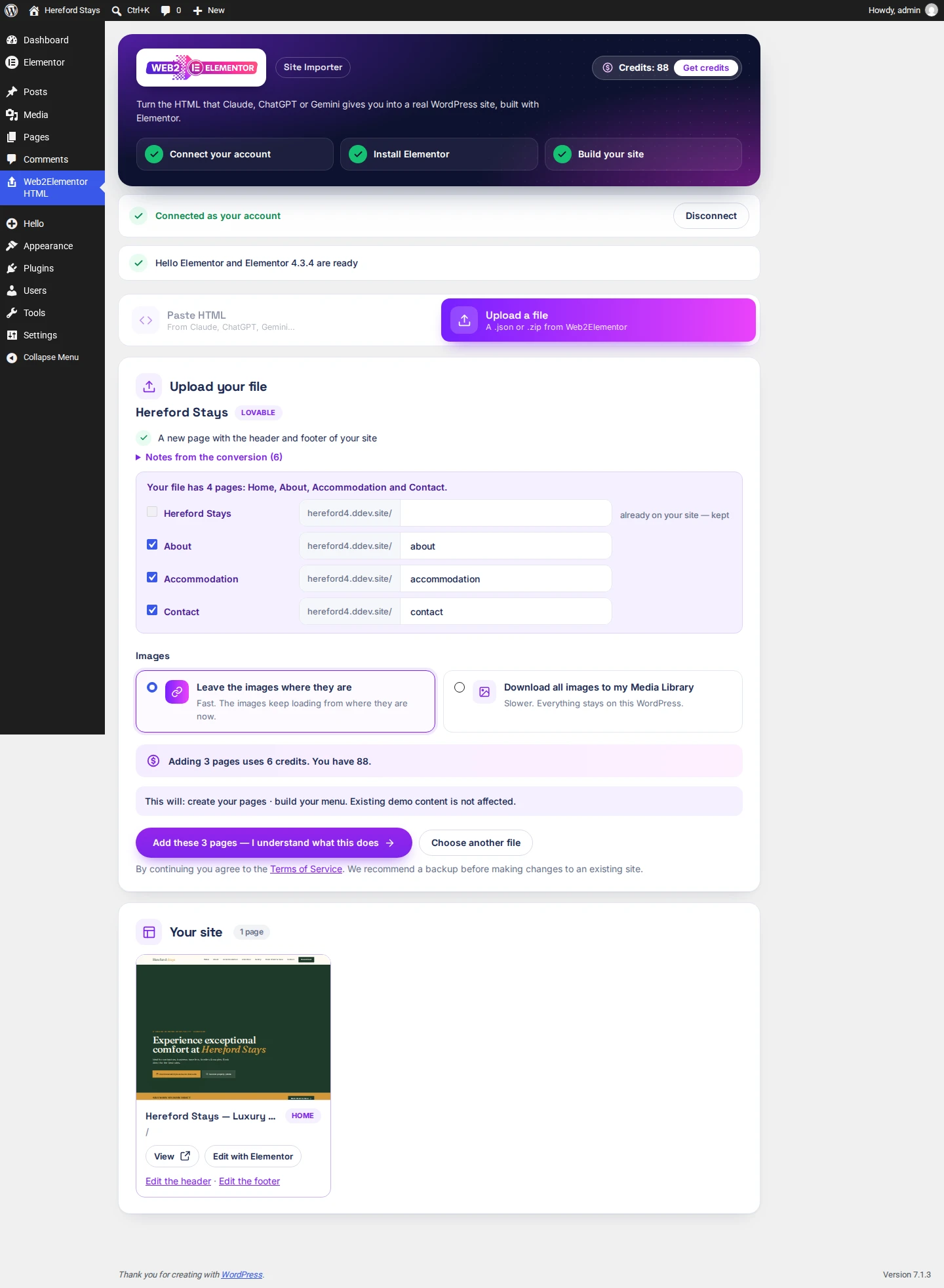 Adding the 4-page ZIP: the home page unticked as "already on your site — kept", 3 pages for 6 credits and "Add these 3 pages"