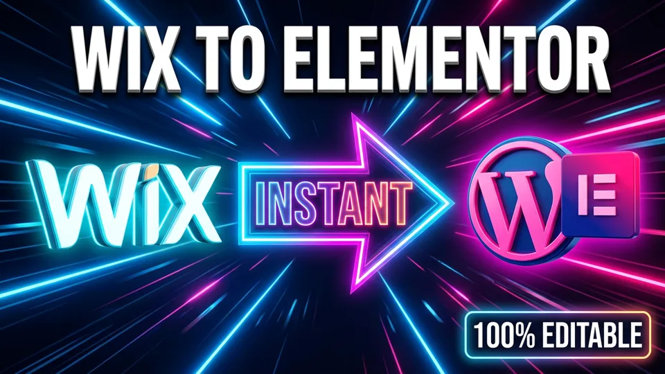 Wix vs WordPress: the Wix logo, an arrow and the WordPress and Elementor logos