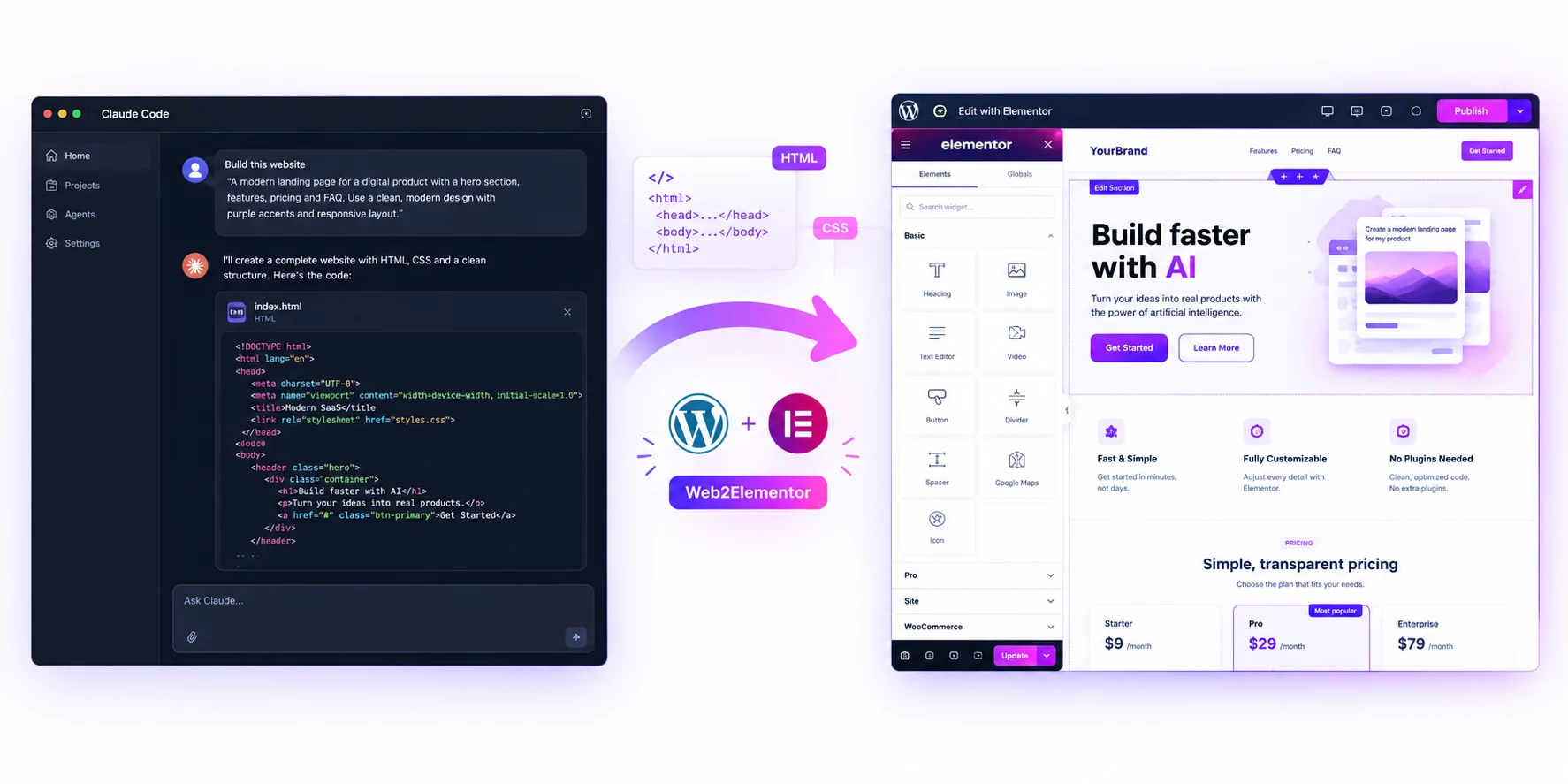 The HTML that Claude wrote becomes an editable Elementor page in WordPress with Web2Elementor