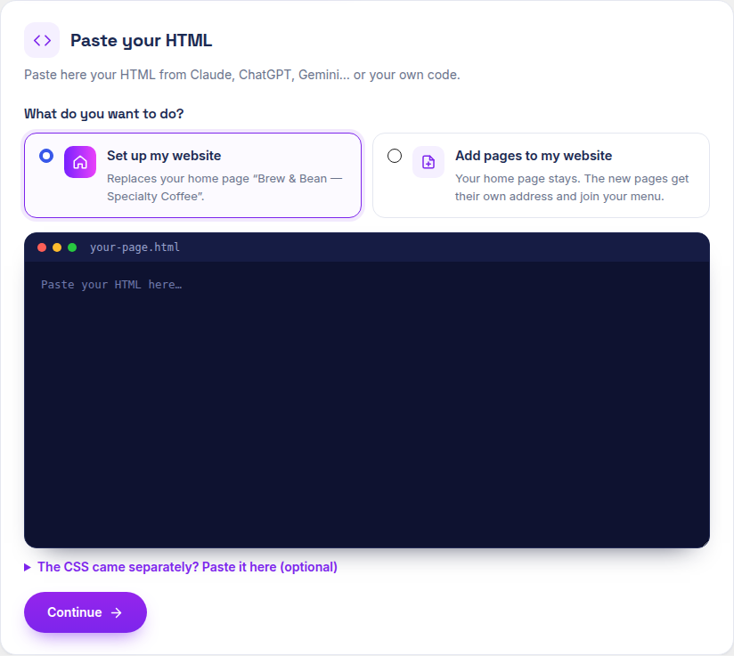The Paste your HTML box: choose what to do and paste the HTML from Claude, ChatGPT or Gemini