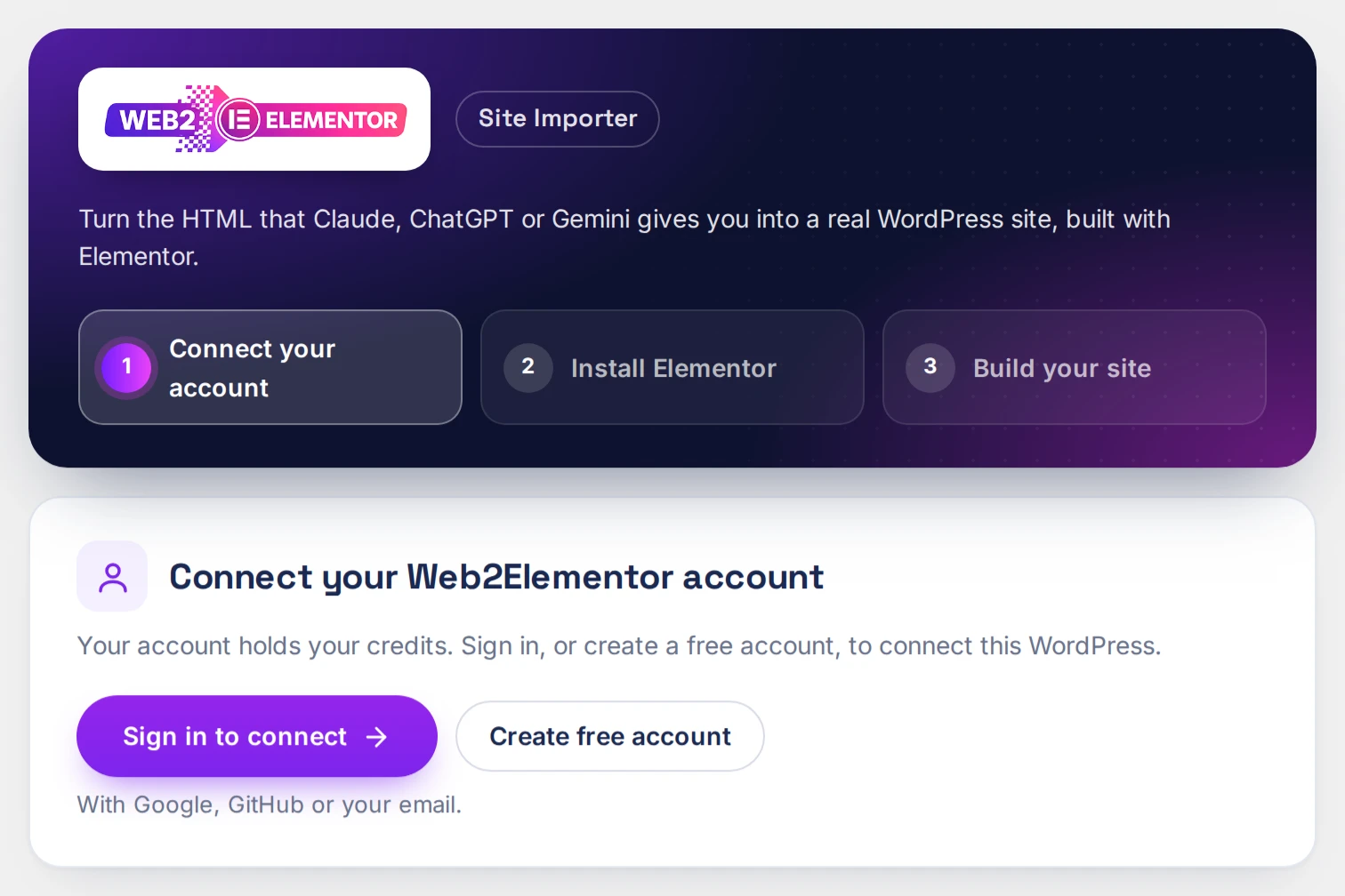 Web2Elementor Site Importer in WordPress: connect your Web2Elementor account or create a free one