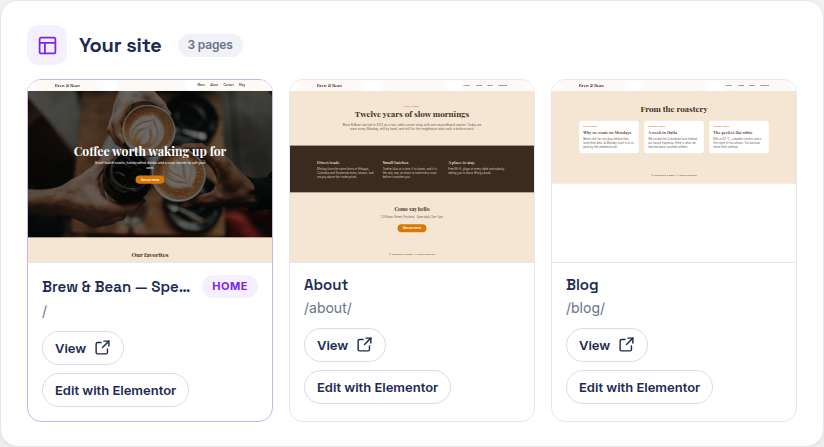 Your site, 3 pages: Brew & Bean as the home page, About and Blog, each with its thumbnail